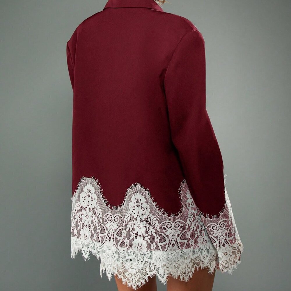 Burgundy Elegant Women's Boxy Fit Lace Trim Blazer - Picture 2 of 6